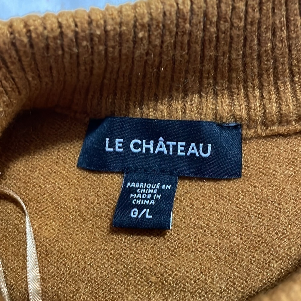 LE CHATEU | Cut Out Shoulder | Tan | Crewneck | Long Sleeve Sweater | Size L - Picture 6 of 11